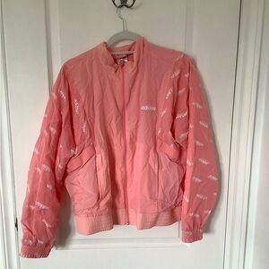 Adidas pink with white lettering bomber jacket